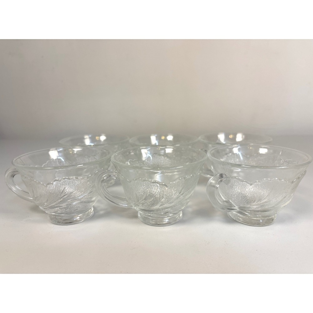 Vintage Federal Glass Petal Pattern Clear Tea Cups Set of 6 Scalloped Rim